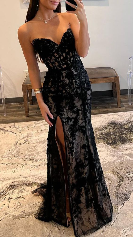 Sexy Fitted Strapless Lace Applique Black Long Prom Evening Dress nv1263
