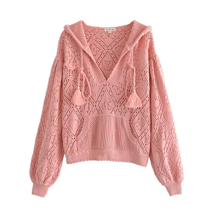 Hollow out design short Pink Knitted Hooded Sweater NV1187