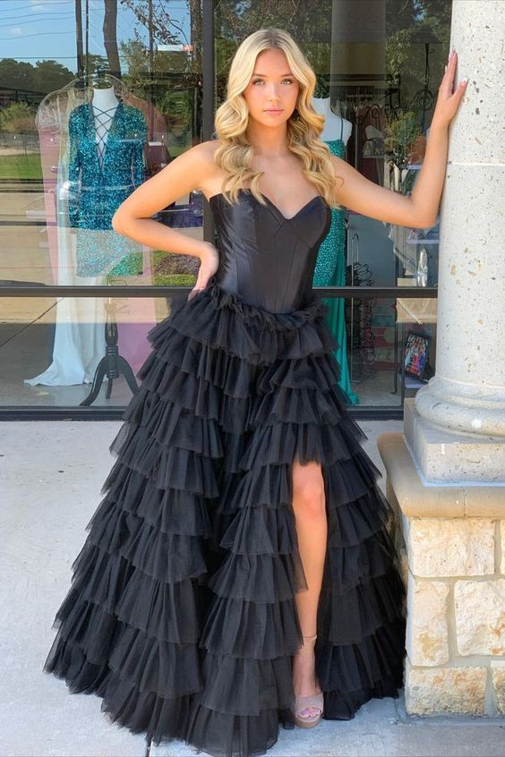 Sweetheart Corset Black Tiered Ruffles Long Formal Gown nv1237