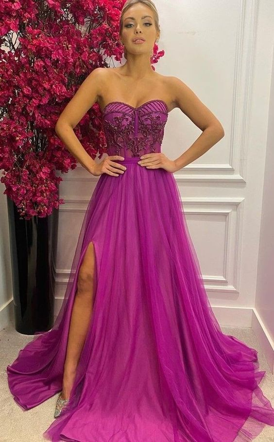 Purple Sweatheart A Line Prom Dress Tulle Evening Dress With Slit  nv1168