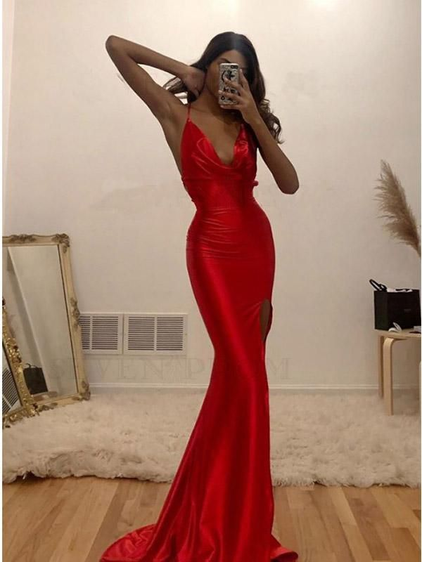 Red Mermaid Spaghetti Straps V-Neck Backless Long Prom Dress nv1216