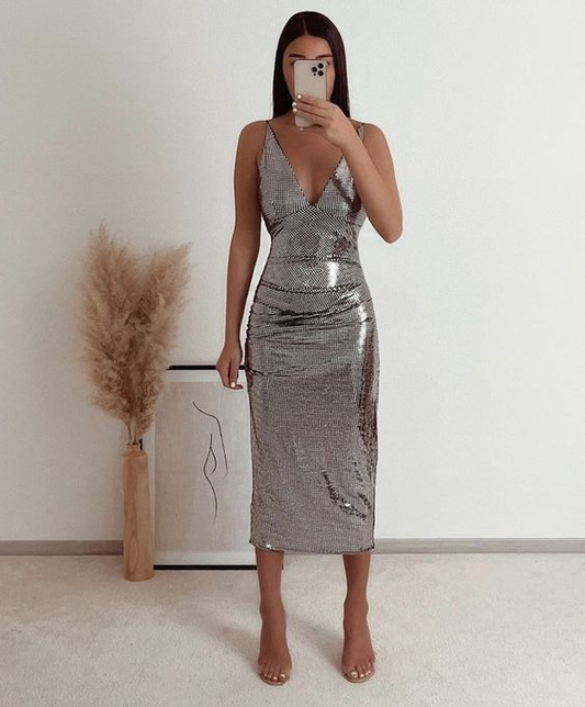 Sexy Silver V Neck Sheath Evening Dress nv1084