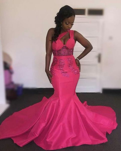 Hot Pink Mermaid Black Girl Prom Dresses One Shoulder Appliques Evening Formal Gowns nv1141