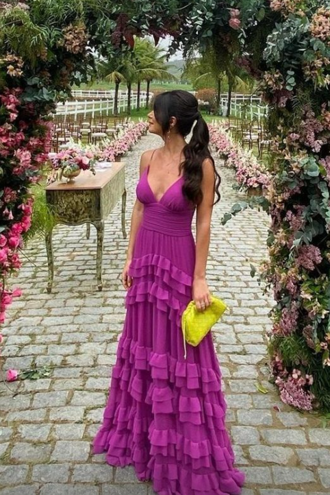 Long Purple V Neck Prom Dresses nv1166