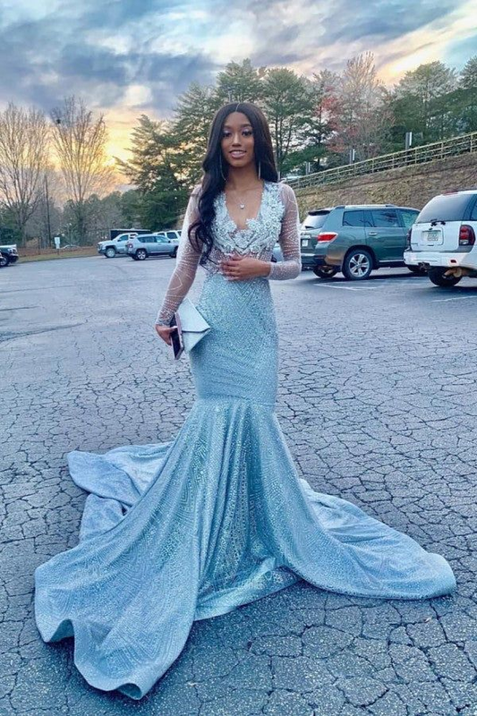 Gorgeous Beading Appliques Court Train Long Sleevess Mermaid Prom Dresses nv1227