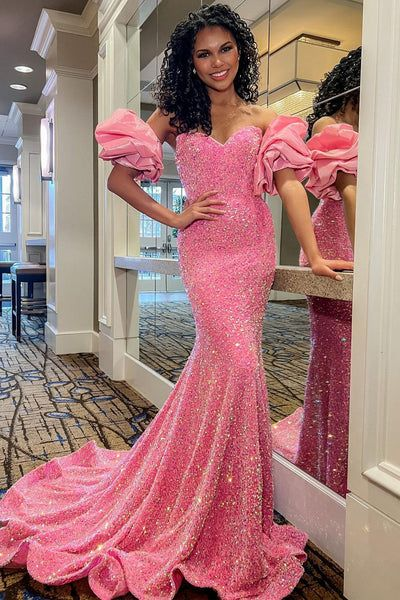 Charming Mermaid Sweetheart Coral Sequins Long Prom Dresses nv1143