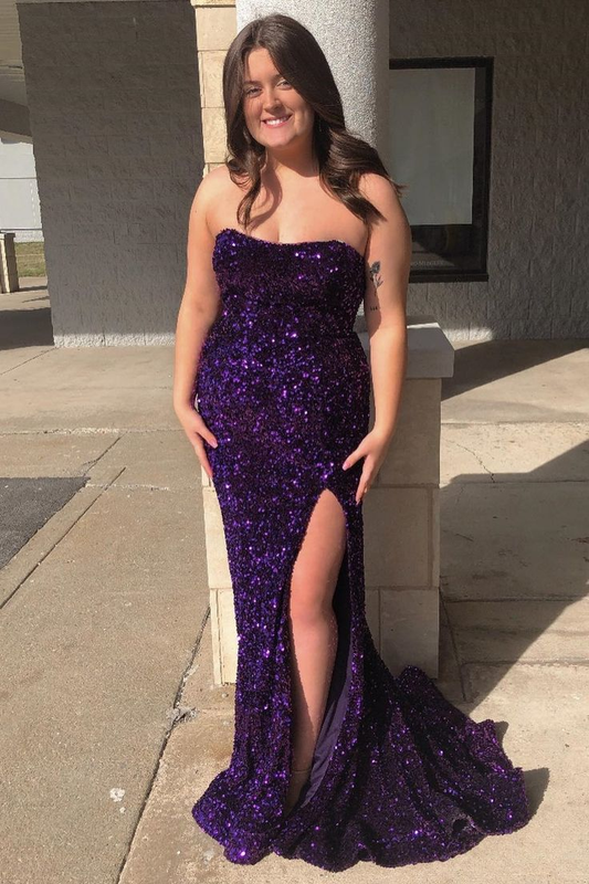 Schlichtes, elegantes, trägerloses, langes Meerjungfrauenkleid mit Pailletten im Blauton nv1275