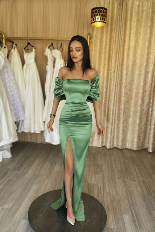 Sage Green Satin Sheath Prom Dress With Slit nv1211