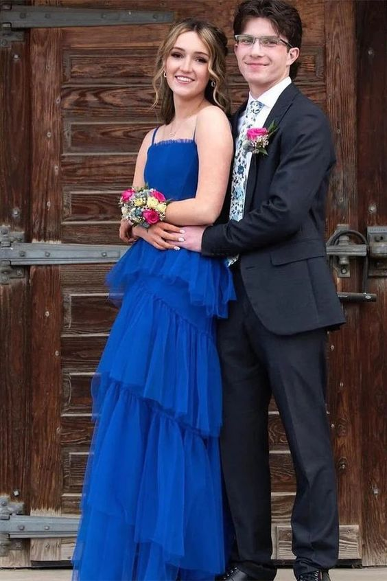 Royal Blue Tulle Tiered Long Dress Spaghetti Straps Prom Dress nv1219