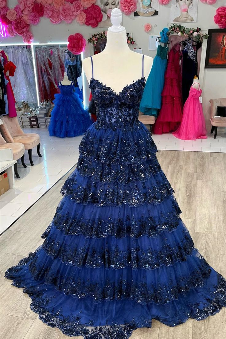 Royal Blue Floral Multi-Layers Sequined Straps Long Prom Dress nv1232