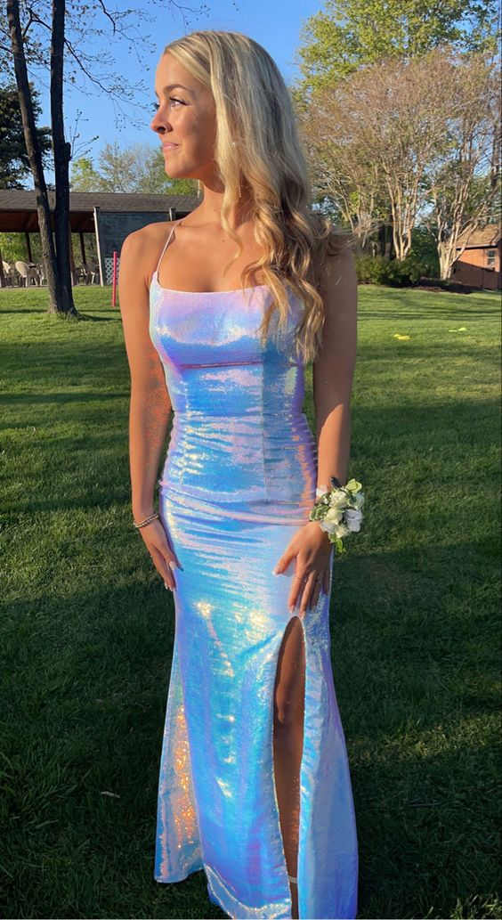 Spaghetti Straps Blue Shiny Sheath Prom Dress With Slit nv1090