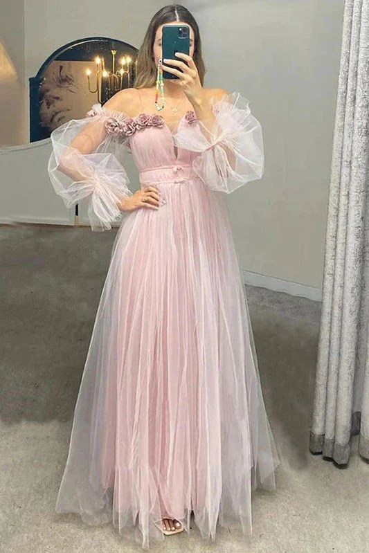 Zartrosa, schulterfreies, langes Ballkleid aus Tüll mit Puffärmeln, Prinzessin-Stil, nv1204