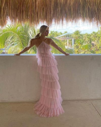 Pink sweet backless long tulle ball gown evening dress nv1353
