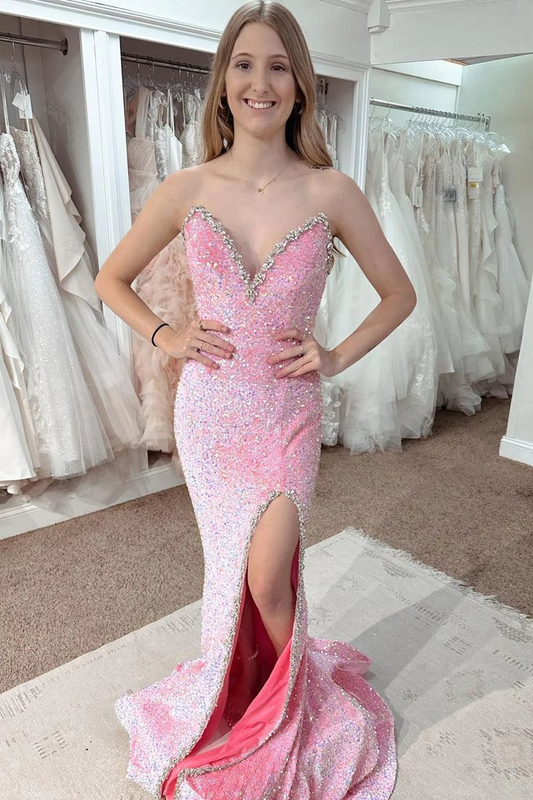 Sparkly Pink Sequins Long Mermaid Prom Dress with Slit nv1365