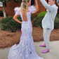 Mermaid V Neck Lavender Sequins Long Prom Dresses with Ostrich Feather nv1142