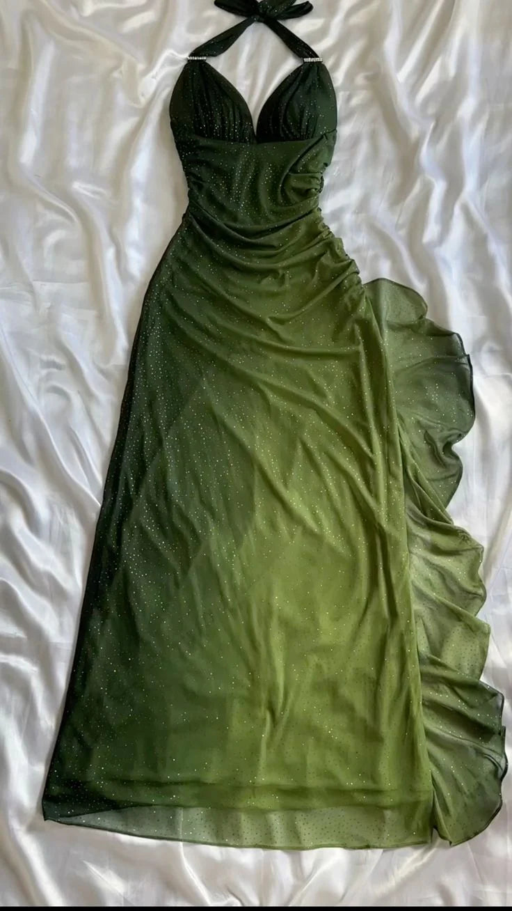 Green V-neck halter neck shiny vintage long ball gown evening dress nv1924