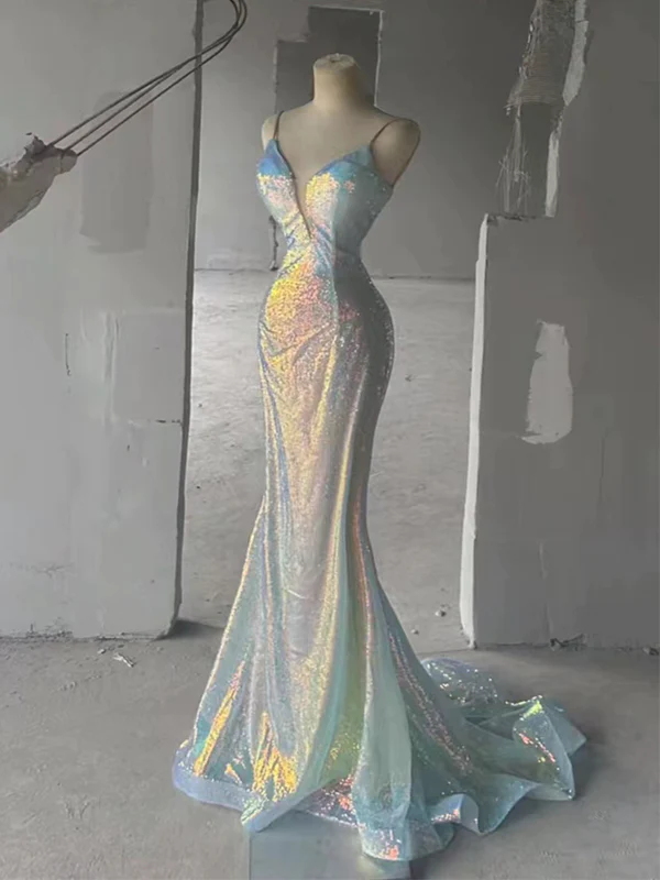 Sparkly Spaghetti Straps Mermaid V-neck Long Prom Dresses nv1199