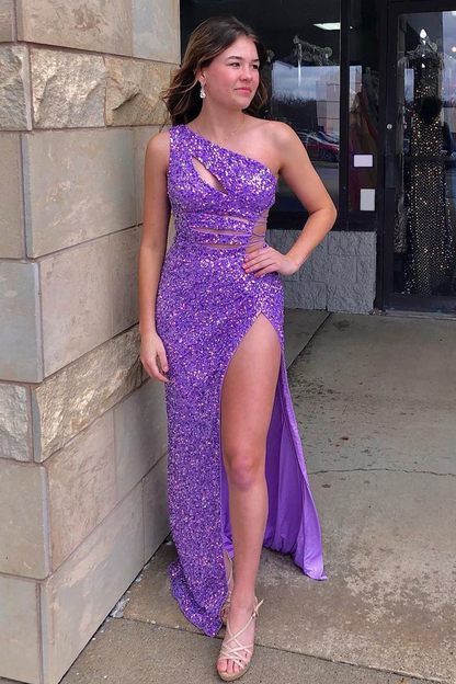 Sparkly Purple Sequins Cut-Out Long Prom Dress nv1096