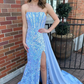 Blue Sequin Lace Strapless Mermaid Long Prom Dresses nv1300