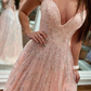 Shiny V Neck Open Back Pink Lace Long Prom Dress nv1148