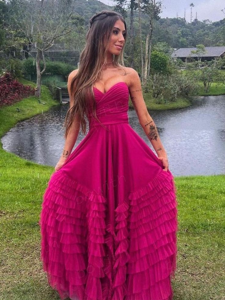 Pink Sweetheart Multilayer Prom Dress Strapless A-line Tulle Maxi Dress nv1188