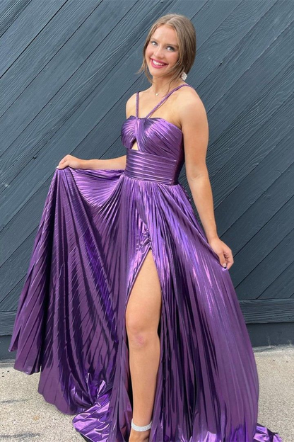Purple Spaghetti Straps Metallic Keyhole Long Prom Dress with Slit nv1241