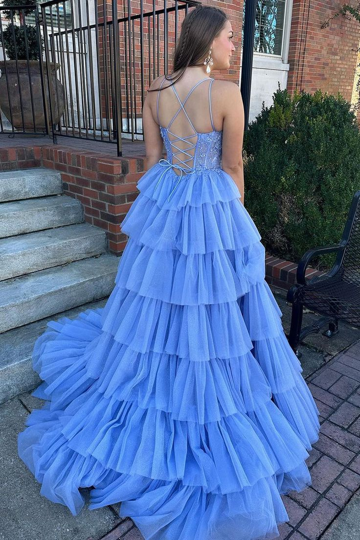 Blue Sweetheart Tiered Tulle Long Prom Dress with Appliques nv1231