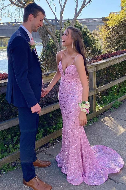 Pink Sequin Plunge V Mermaid Long Prom Dress nv1358