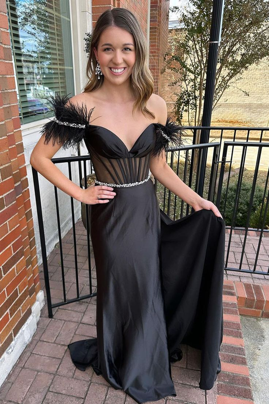 Black Satin Feathered Off the Shoulder Mermaid Long Prom Dresses nv1380