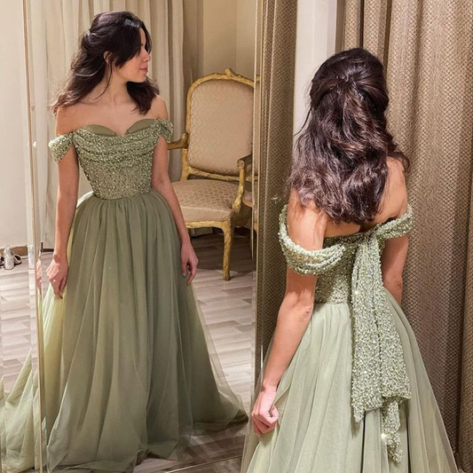 Elegantes schulterfreies Abendkleid in Salbeigrün, luxuriöses, mit Perlen besetztes, arabisches, langes formelles Partykleid nv1194