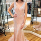 Pink Iridescent Sequin Plunge V Open Back Mermaid Long Formal Dress nv1147