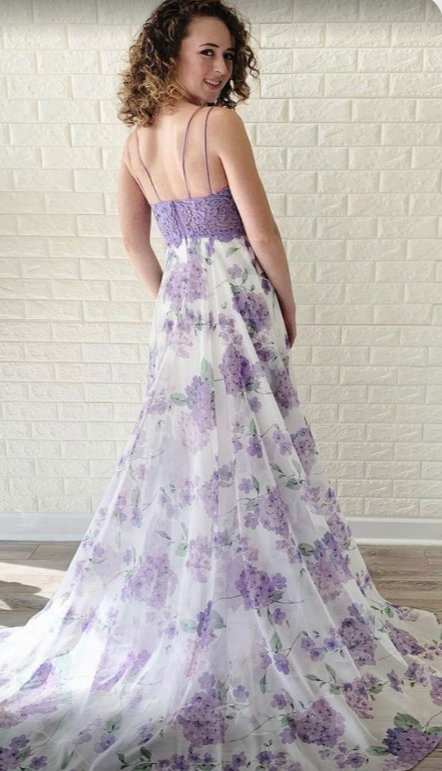 Lavender Lace Floral Chiffon Long Spaghetti Prom Dress nv1152