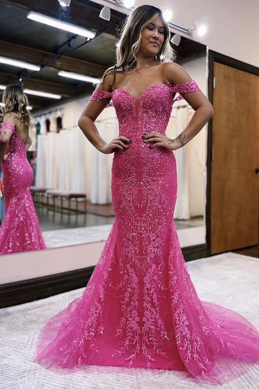 Hot Pink Off the Shoulder Sequin Lace Long Mermaid Prom Dress nv1357