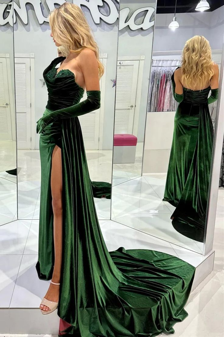 Mermaid Emerald Green Velvet Long Prom Dress with Train High Slit Formal Dress nv1382