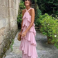 A Line Straps Tiered Chiffon Floor Length Long Prom Dress Pink Formal Evening Dresses nv1297