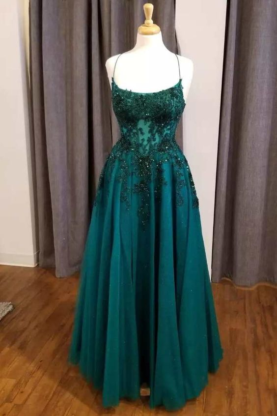Hunter Green Floral Lace Scoop Neck A-Line Prom Dress nv1378