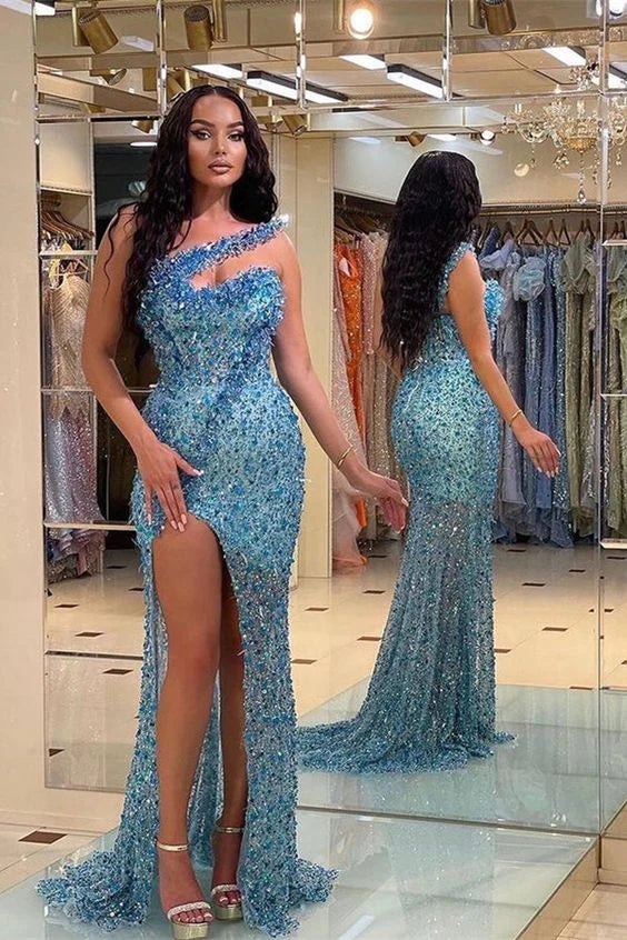 Robe de bal sirène sans bretelles à perles bleues vintage avec fente nv1362