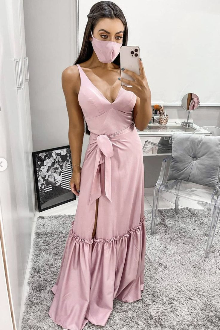 A Line V Neck Pink Long Prom Dress with High Slit nv1238