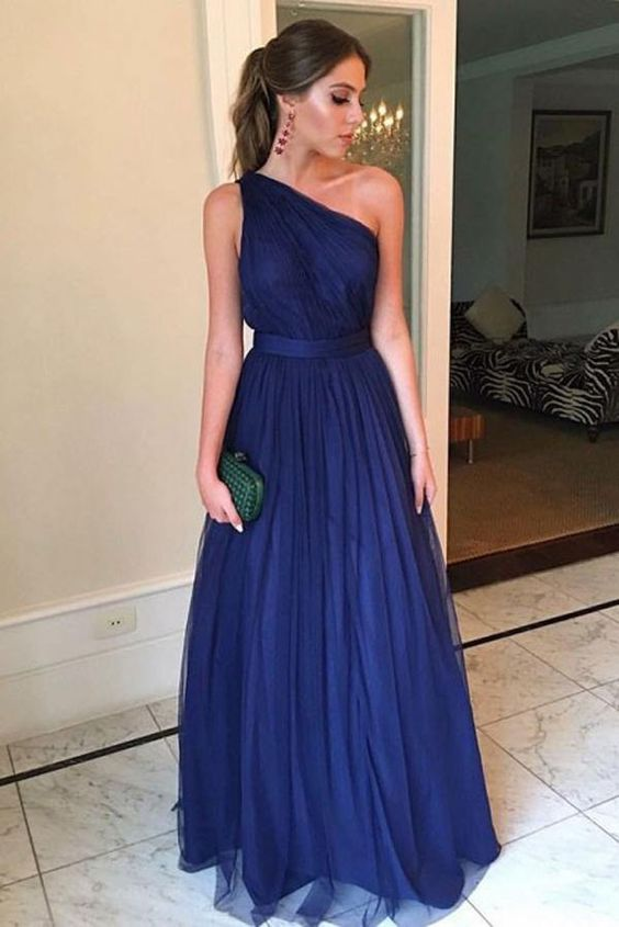 Royal Blue A-line Tulle One Shoulder Floor-length Long Prom Dresses nv1338