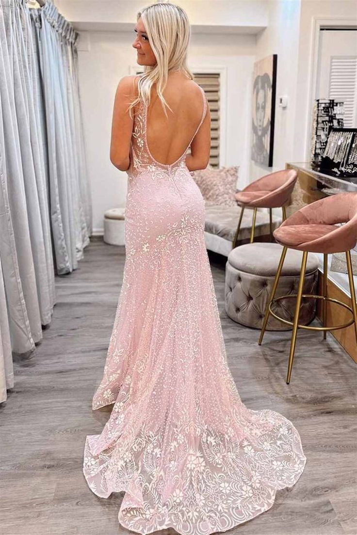V Neck Mermaid Backless Pink Lace Long Prom Dress Mermaid Pink Formal Dress nv1137