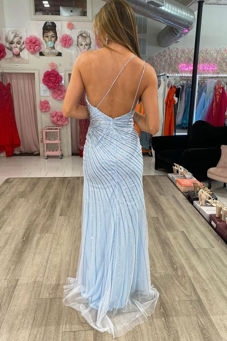 Elegant Sky Blue Sequined Spaghetti Straps backless Prom Dress With Slit nv1092