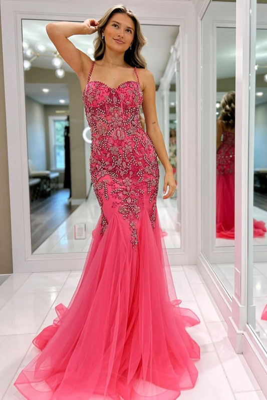 Pink Beaded Spaghetti Strap Trumpet Long Gown nv1366