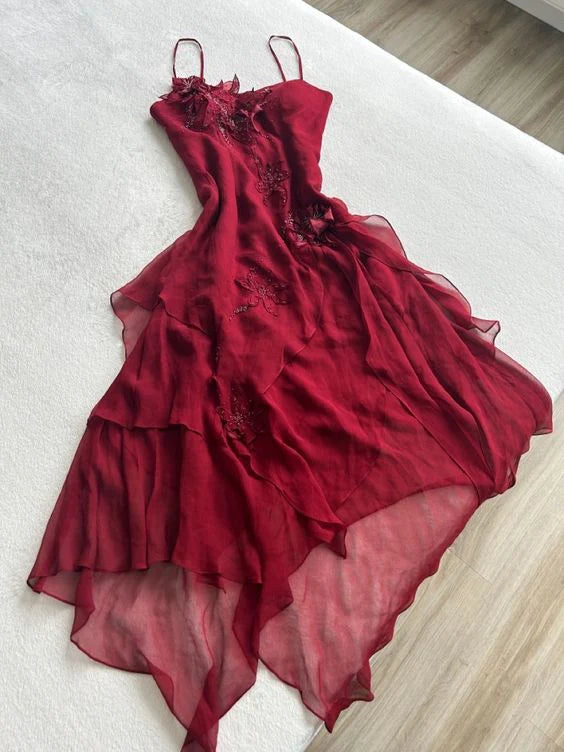 Burgundy red applique spaghetti straps elegant and charming A-line long ruffled chiffon ball gown evening dress party dress nv4494