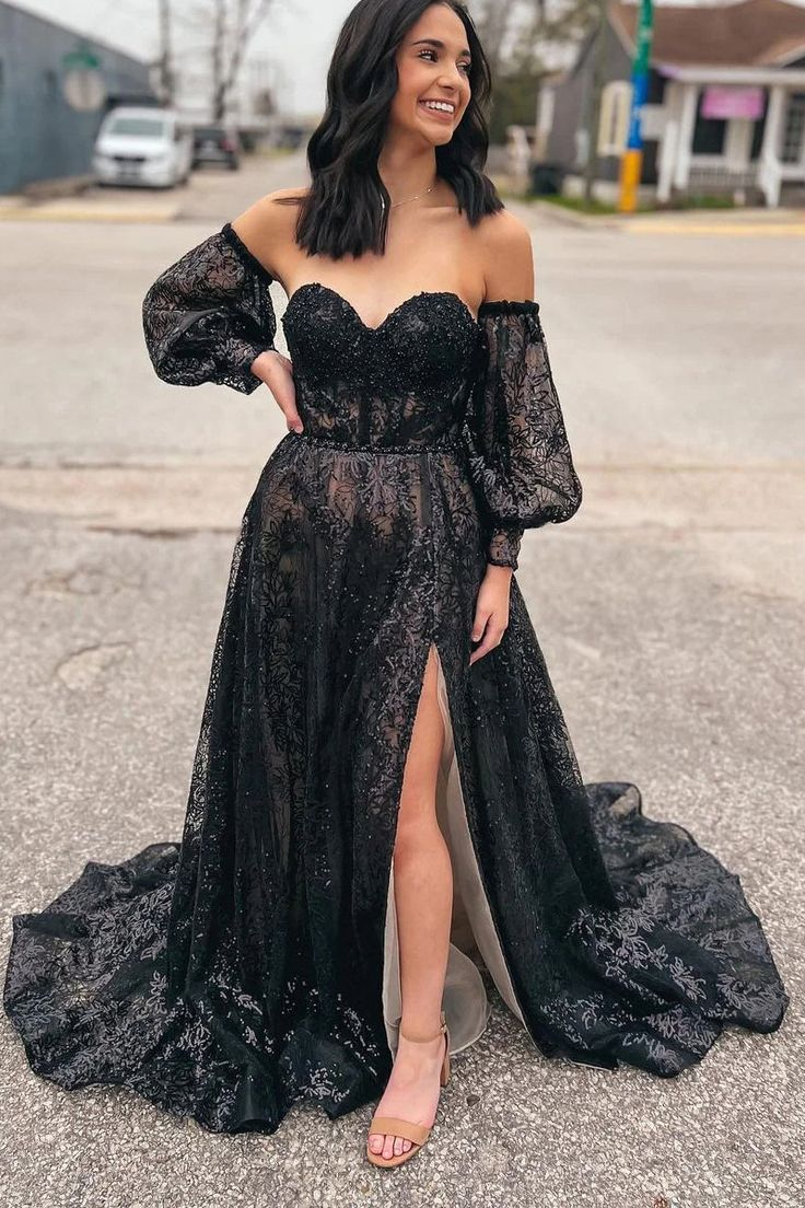 Cute A Line Sweetheart Black Sequins Long Prom Dresses  nv1080