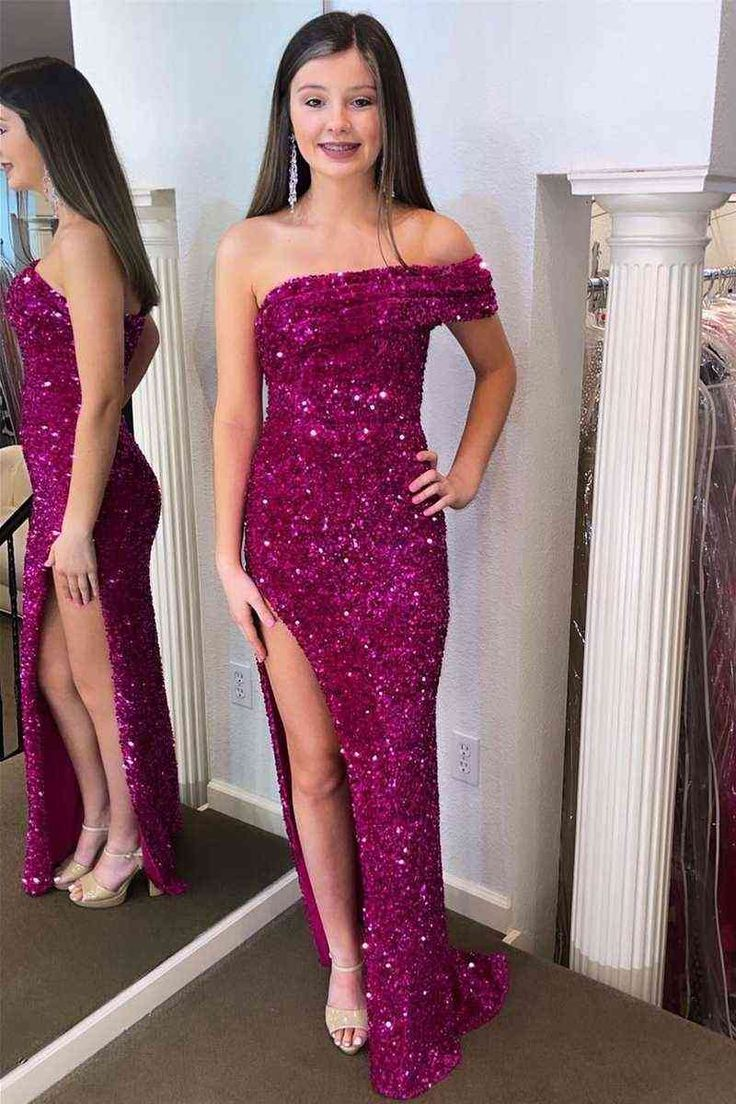 Pleated One Shoulder Fuchsia Long Party Dress with Slit  nv1079