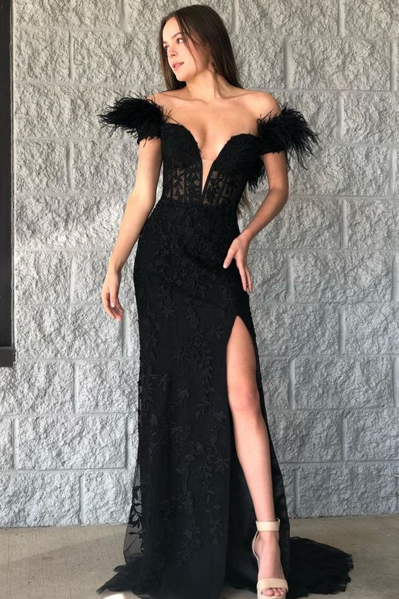 Mermaid Off the Shoulder Black Long Prom Dress with Feathers nv1078