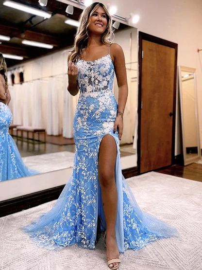 Sheath Applique Lace Prom Dress Spaghetti Straps Sleeveless Mermaid Dress nv1066