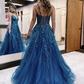 Ball Gown Sparkle A-Line Prom Dresses Formal V Neck Glitter Appliques Dress nv1065