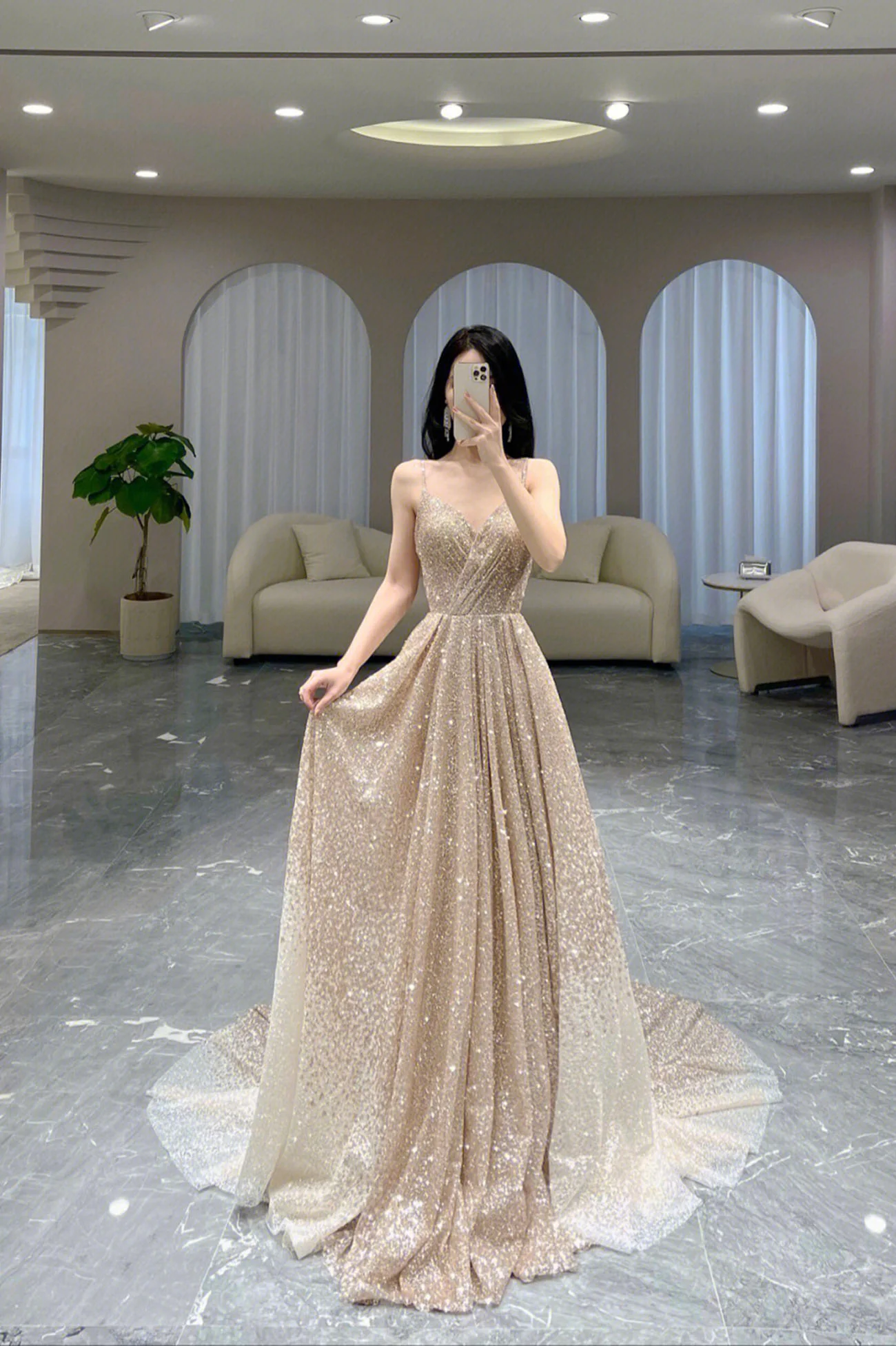 Gold Sparkle Sequins  A Line Long Prom Dress V-Neck Evening Dress nv1064