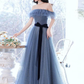 Off The Shoulder Long Prom Dress  A-line Gray Blue Tulle Evening Dress nv1068